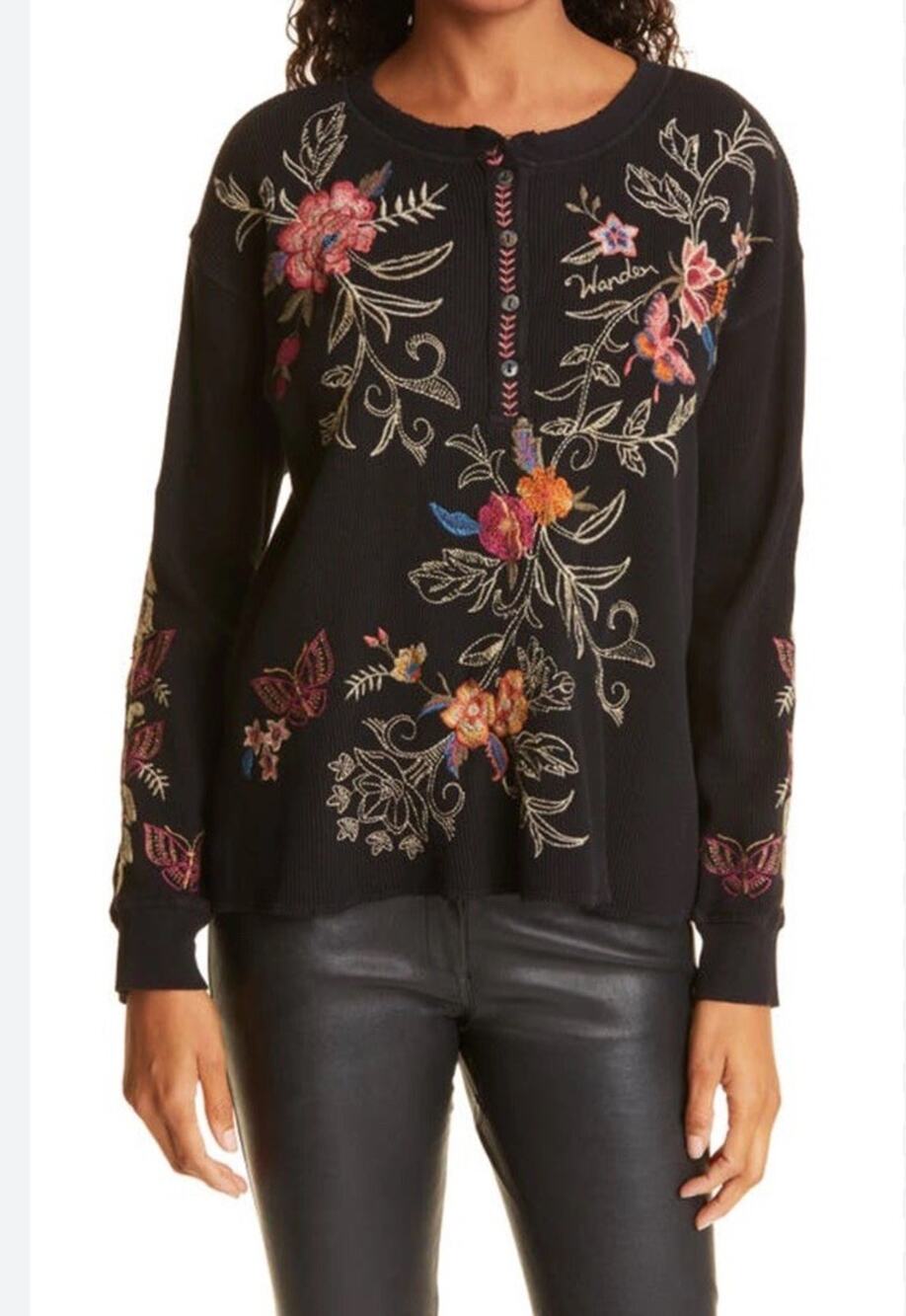 Johnny Was Taline Floral Embroidered Thermal Top Long Sleeve Black XS